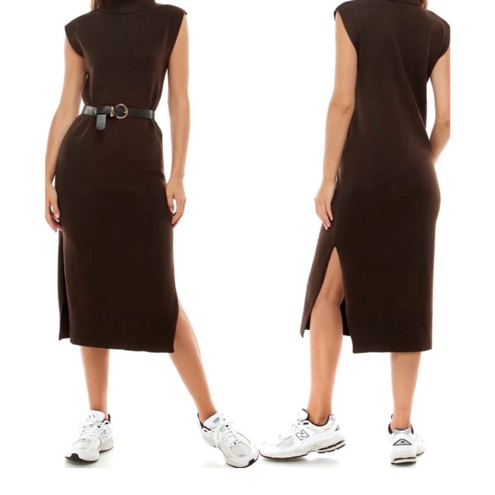 WAYF Brown Sleeveless Turtleneck Knit Dress